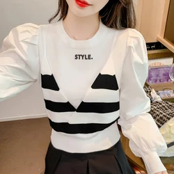 O-Neck Fake Two-piece Patchwork Tops Tees Spring Autumn Long Sleeve Striped Fashion Short T Shirts Korean Sweet Women Clothing