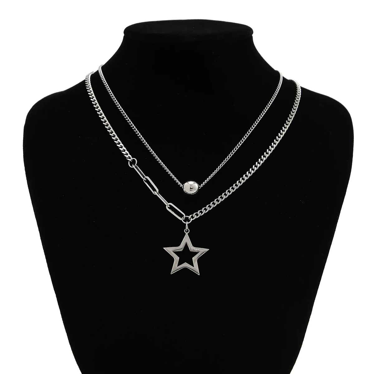 Salircon Titanium Steel Casual Star Pendant Necklace Men\'s Trend Double-layer Link Chain Short Necklace Punk Hip-hop Jewelry