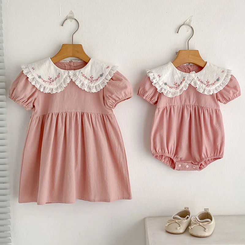 Bébé filles vêtements été sœurs robe rose enfants doux broder dentelle sœurs barboteuses enfants bébé filles enfants vêtements robe