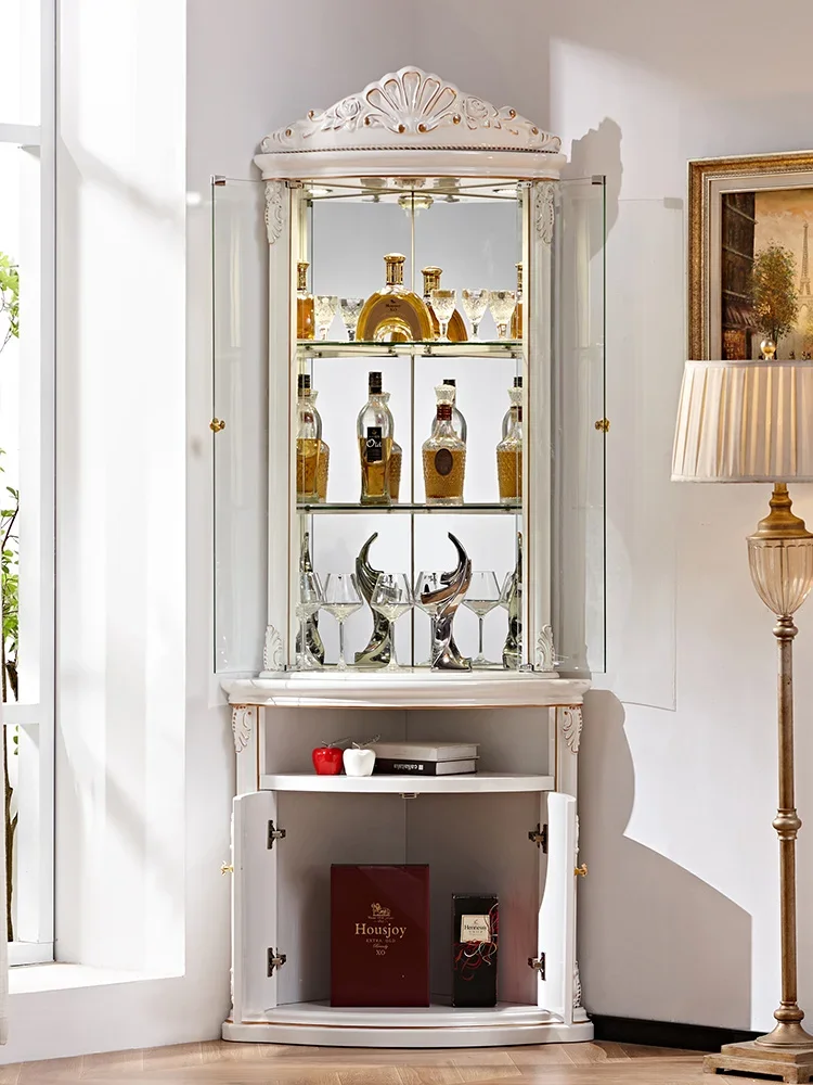 Triangle wine cabinet, European style living room, corner cabinet, curved glass door with drawers