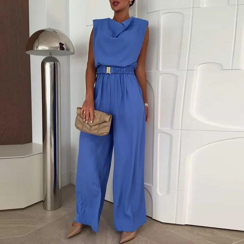 

Summer New Casual Commute Simple Playsuits Overalls Elegant Swinging Collar Sleeveless Jumpsuits Fashion Solid Wide Leg Rompers