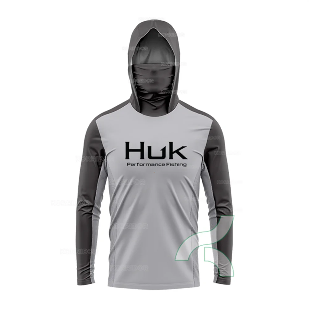 HUK Hooded Fishing Shirts Men Mask Anti-UV Fishing Clothes Summer Long Sleeve Sun Protection T-shirts Caps Scarf Jerseys Apparel