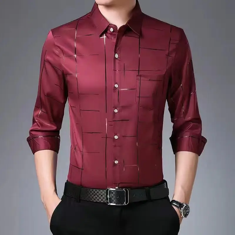 Smart Casual Men New Thin Plaid Smooth Shirts Long Sleeve Lapel Spring Autumn Clothing Koreon Male Loose Business Fashion Tops