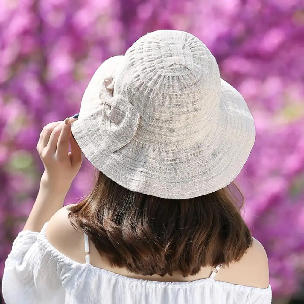 Seaside Beach Hat Cotton Sunshade Fisherman Cap Thin Wide Brim Women Bow Sun Hat Solid Color Breathable Sun Protection Hat Lady