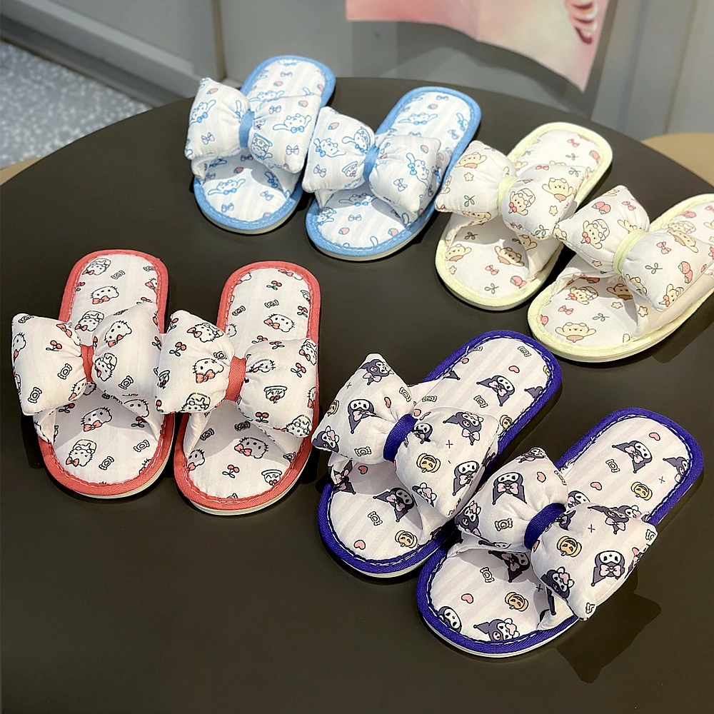 Sanrio Cute Slippers Big Bowknot Kuromi My Melody Indoor Shoes Cartoon Anime Pochacco Cinnamoroll Comfortable Slipper Flat Girl