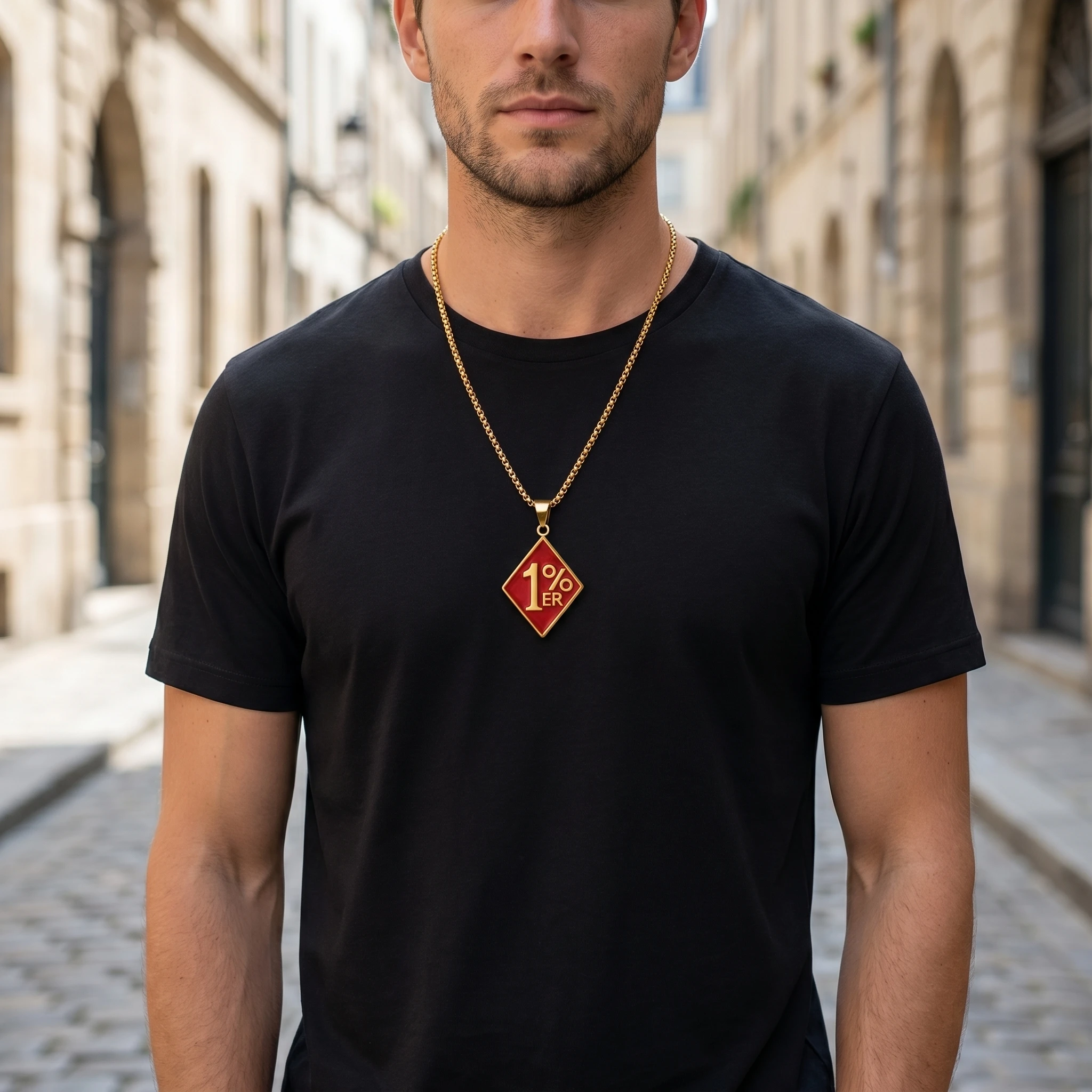 Edelstahl Goldene Rote Emaille One Percenter Diamant-Anhänger Kastenkette Halskette Herren Biker Streetwear Schmuck