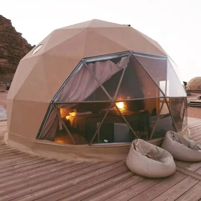 Outdoor 4‑Season Geodesic Igloo Dome Tent Winter Windproof Glamping Tent with Transparent Roof Stove Bathroom for Campsite