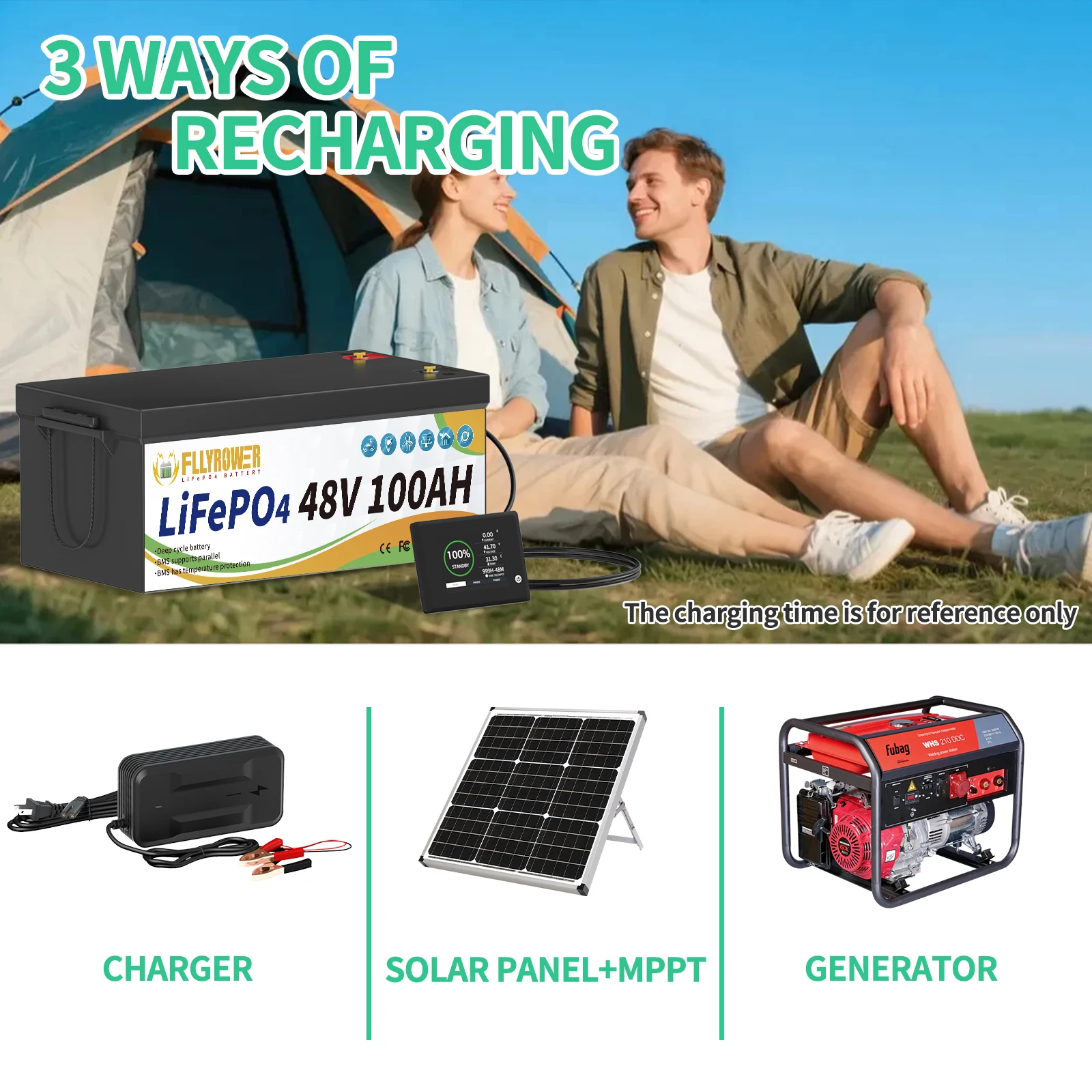 بطارية ليثيوم FLLYROWER 48 فولت 100 أمبير LiFePO4 مع بلوتوث 200A BMS للمنزل RV تخزين الطاقة الشمسية بجولة قارب السيارة على الطرق الوعرة #6