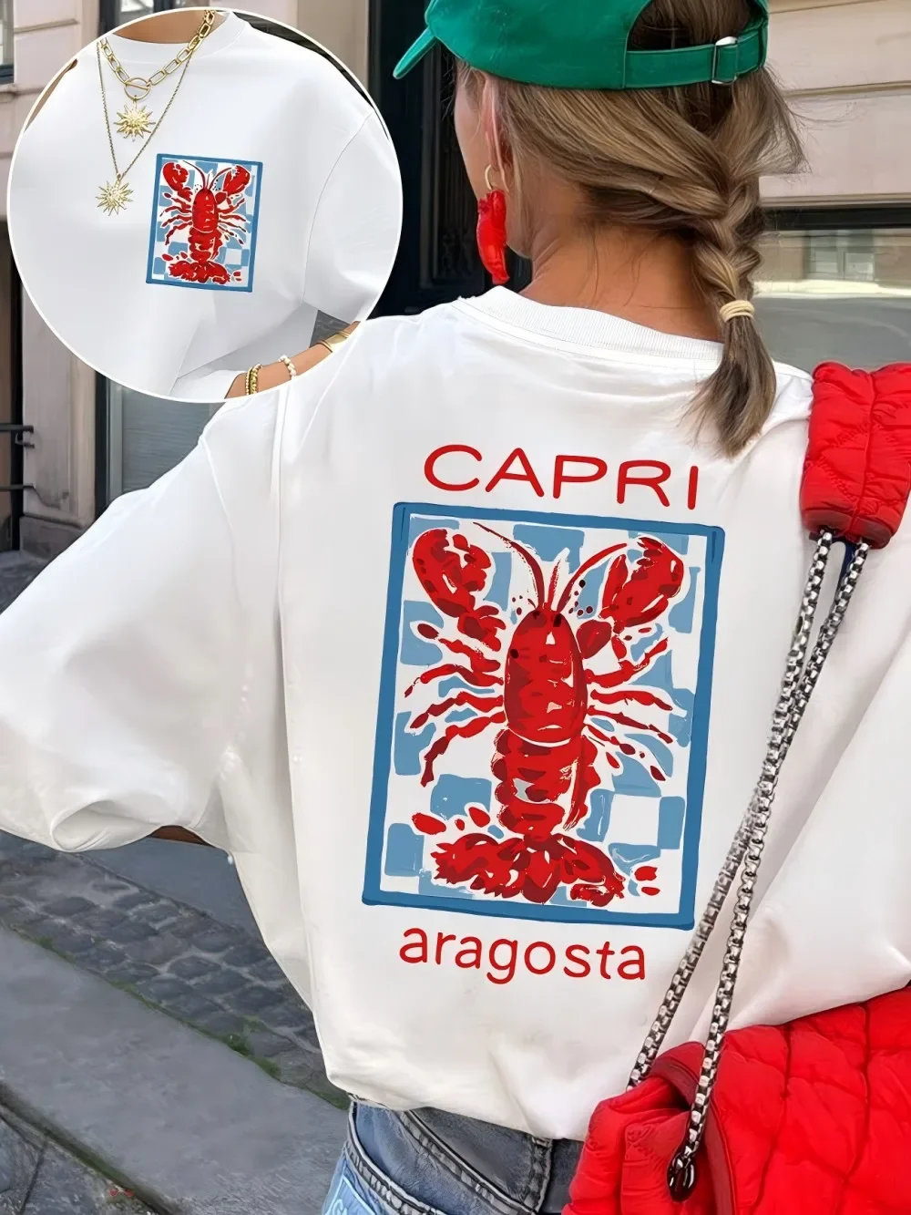 Capri Aragosta Italian Graphic T Shirt Women Summer Mediterranean Vacation Lobster Print Tee Retro Aesthetic Fashionable Top