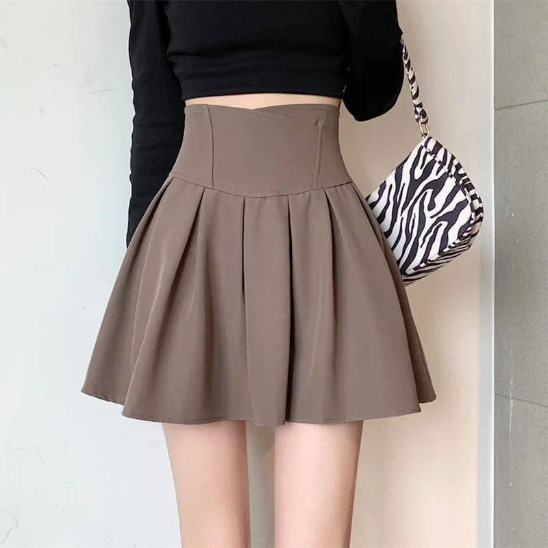 Fashion Women Zipper High Waist Mini Skirt Korean Style Anti-Glare Pleated Skirt Female Show Leg Length A-Line Skirts