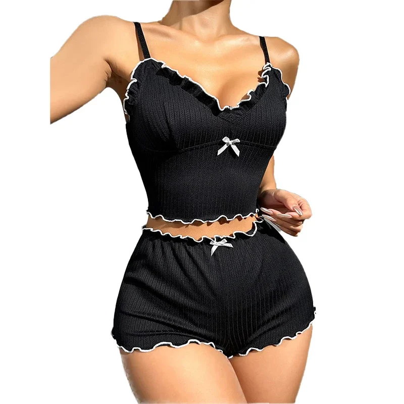 

Ladies' Summer Two-Piece Ribbed Fabric Black V-Neck Camisole Crop Top and Shorts Sexy Casual Pajama Set