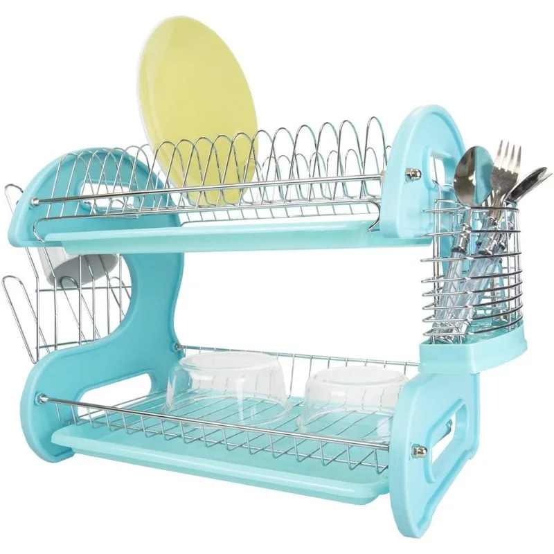 

2 Tier Dish Drainer Dish Rack for Kitchen Counter, with Cutlery Holder and Cup Slots