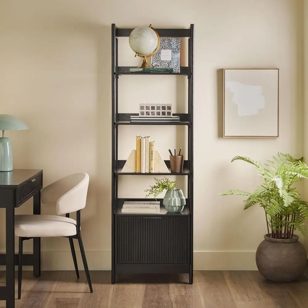 Narrow Open Bookshelf with Bottom Storage, 4-Shelf, 22W x 16.75D x 70H, Black