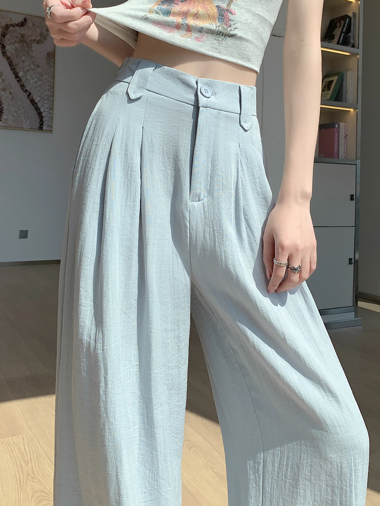 

High Waist Wide Leg Pants Women's Summer New Ice Silk Cotton Linen Casual Leisure Suit Long Pants Korean Style Commute