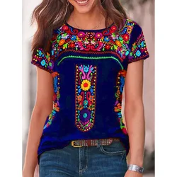 2024 Amazon Summer New Women's Top in Europe and America Bohemian Printed Round Neck Short Sleeve T-shirt for Women