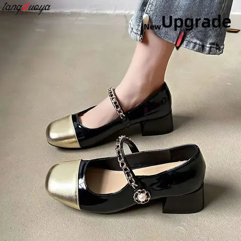 Fashion Pearl Chain High Heels Women Low-top Mary Jane shoes Women\'s Summer Comfortable Versatile Single Shoes Dress Party Pumps