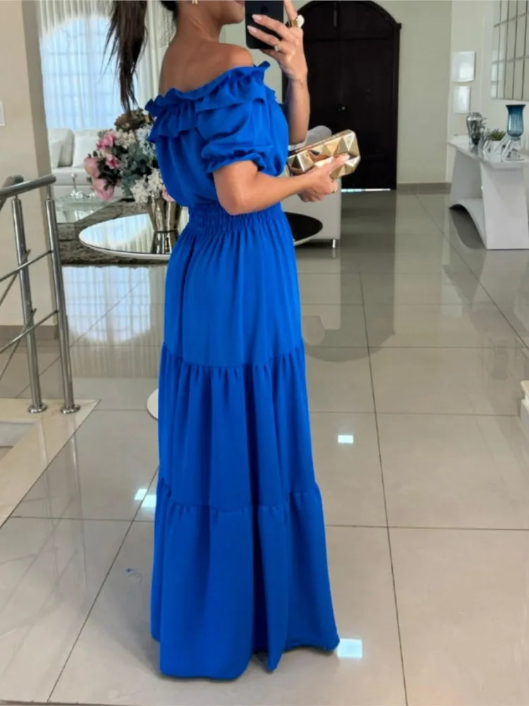 Women Fashion Lace-up Ruffle One-piece Collar Maxi Dresses 2025 Summer New Boho Holiday Dress Female Commuter Casual Party Dress