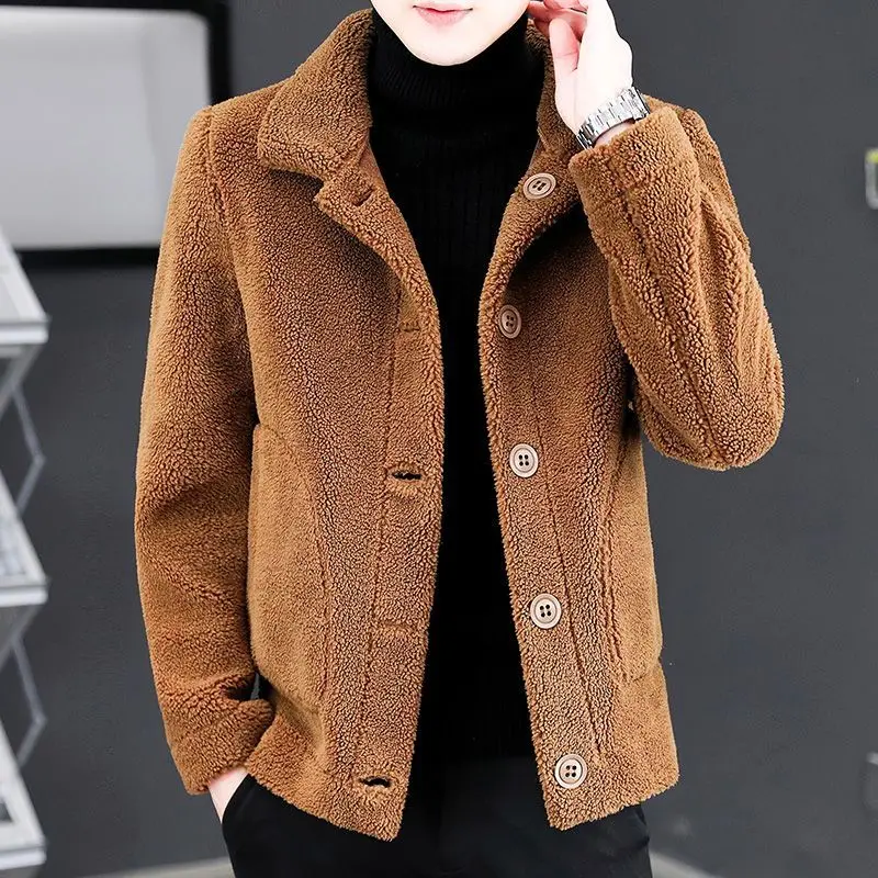 2024 Autumn and Winter Men\'s Sheep Two Sided Wearing Fur Cardigan Jacket Plush Thickening Slim Fit Fashionable Clothes C31