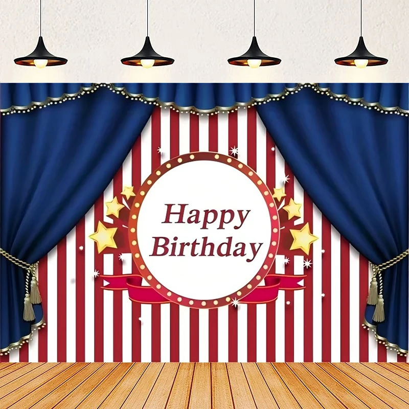 Photography Backdrop Circus Carousel White And Red Stripes Blue Background Baby Shower Birthday Party Dessert Table Banner