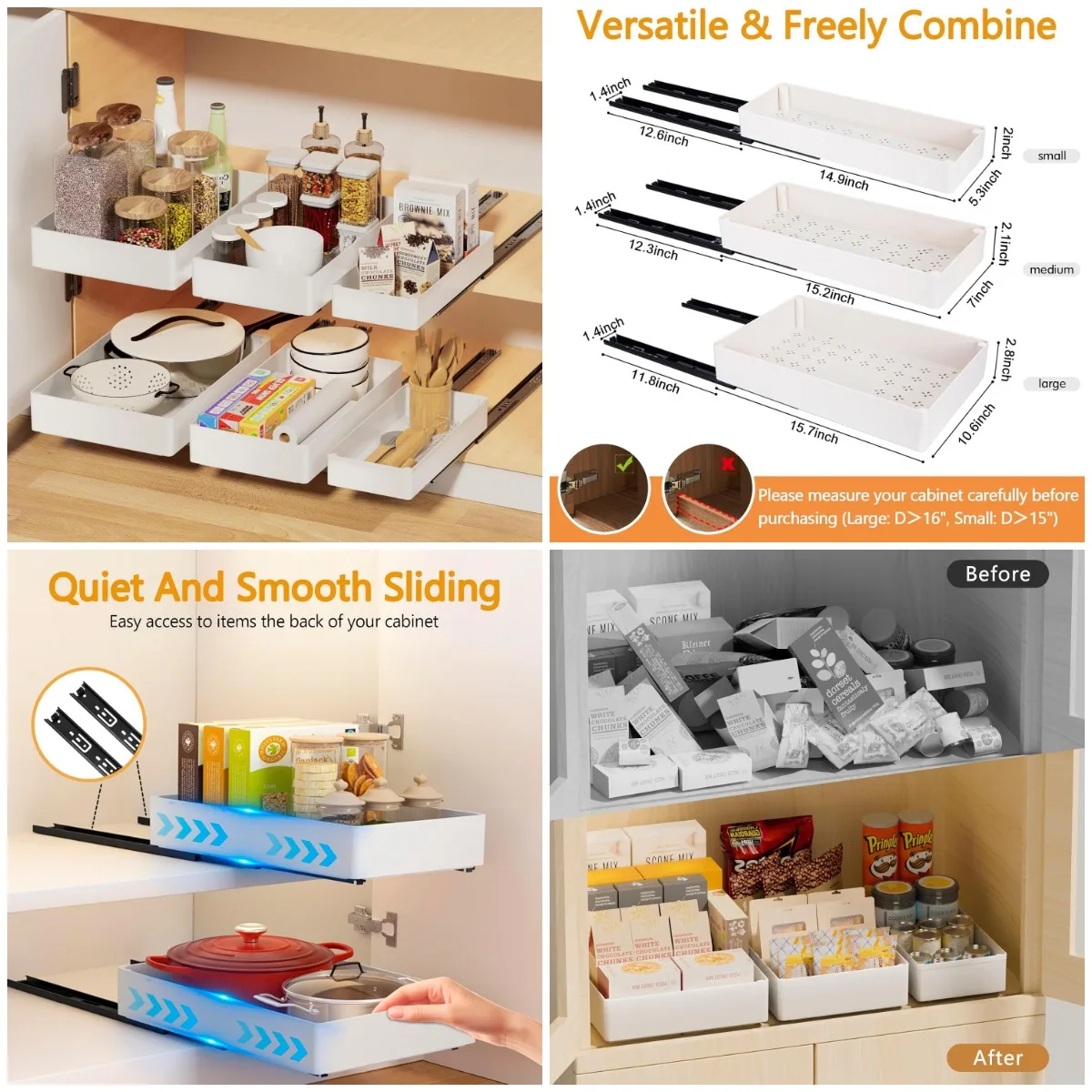 

Комплект из трех выдвижных ящиков шкафа с металлическими направляющими, гладкие выдвижные полки для простой установки для кухонных шкафов