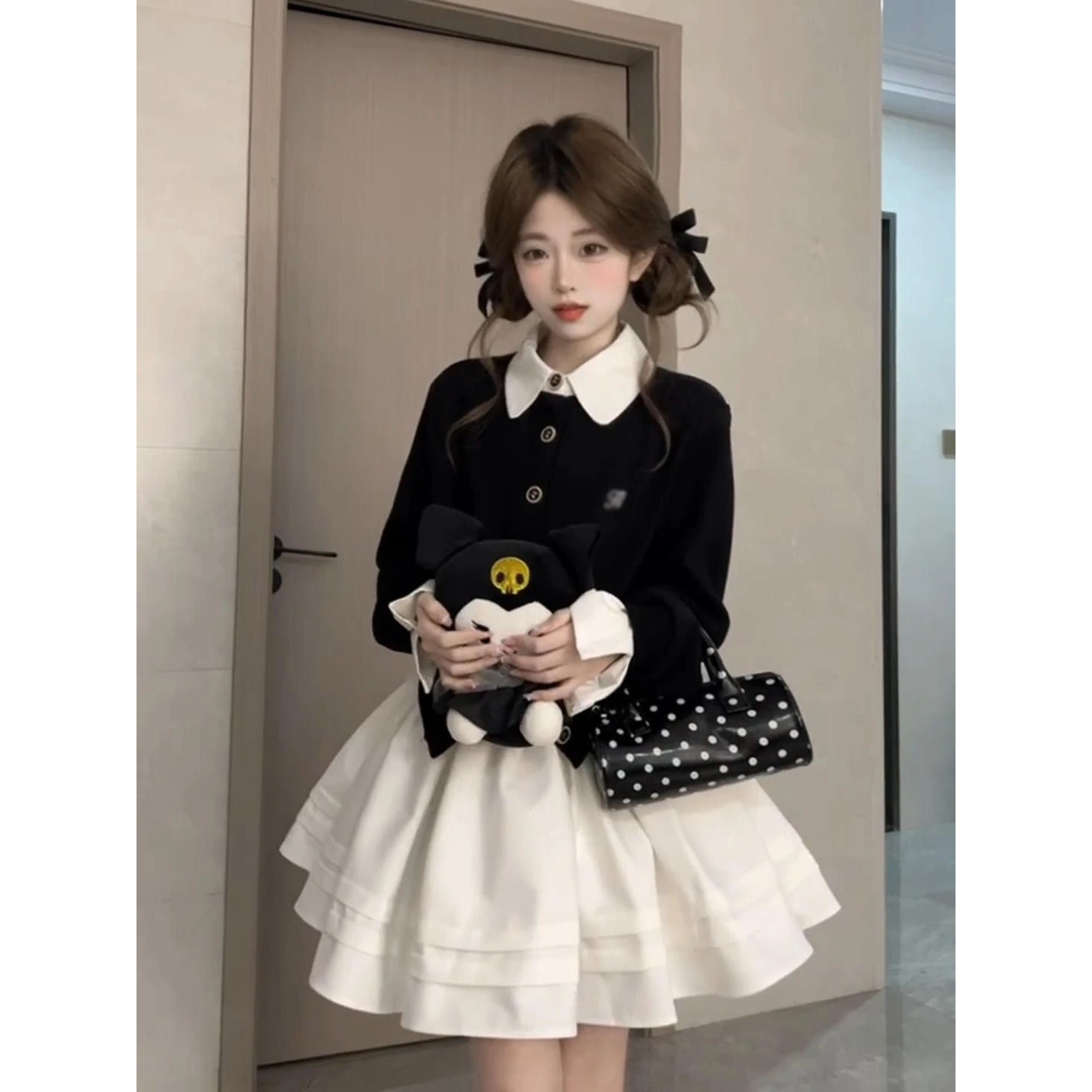 Korean College Style Color Block Fake Two-Piece Dress Women's Spring Autumn Elegant Plaid Skirt Whole Set City Walk Dress