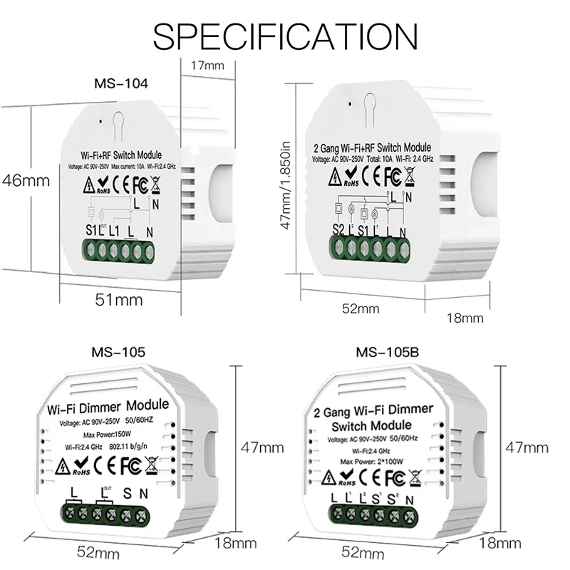 Módulo de interruptor de luz inteligente con WiFi, dispositivo con Control remoto por voz, 1/2 vías, atenuador de 1/2 entradas, compatible con Smart