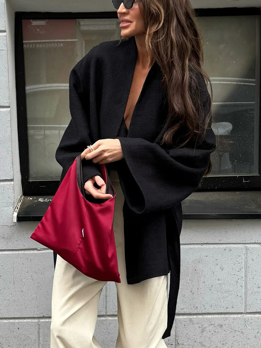 Parc Fee Fashion Loose Black Women's Coat 2025 Winter V-Neck Long Sleeve Jacket Elegant Classic Lace-Up Top Female Clcothing