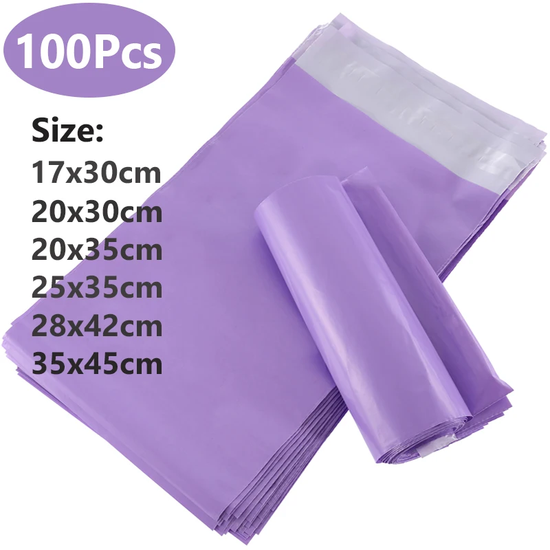 ถุงไปรษณีย์สีม่วง100ชิ้นถุงจัดเก็บซองจดหมายแบบด่วนถุงไปรษณีย์ถุงบรรจุภัณฑ์กระเป๋าพลาสติก PE แบบมีกาวในตัวถุงสำหรับจัดส่ง