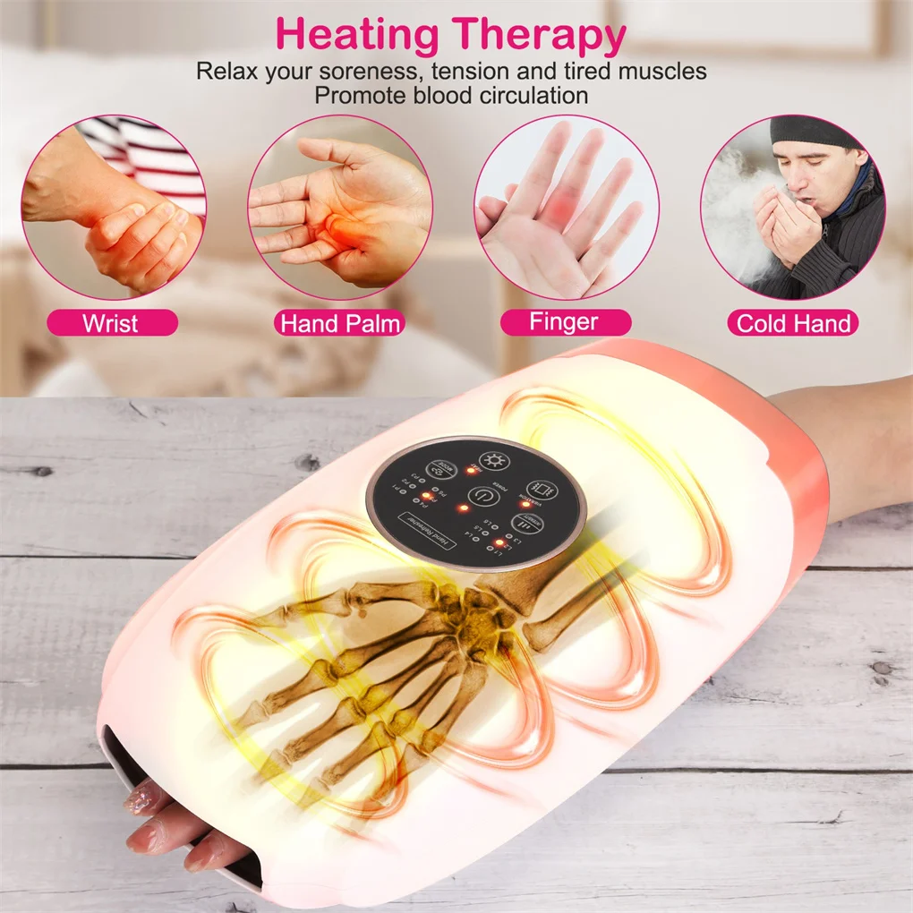 Cordless Electric Hand Massager with Compression Rechargeable Hand Therapy Massager 6 Levels Pressure Vibration Heating Massager