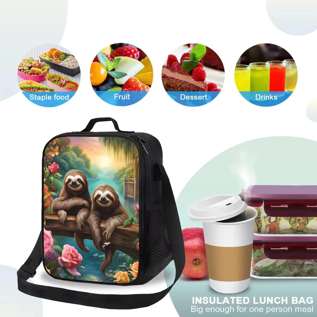 Lovely Sloth Print Insulated Lunch Tote Reusable Thermal Picnic Bag for Kids Women Travel