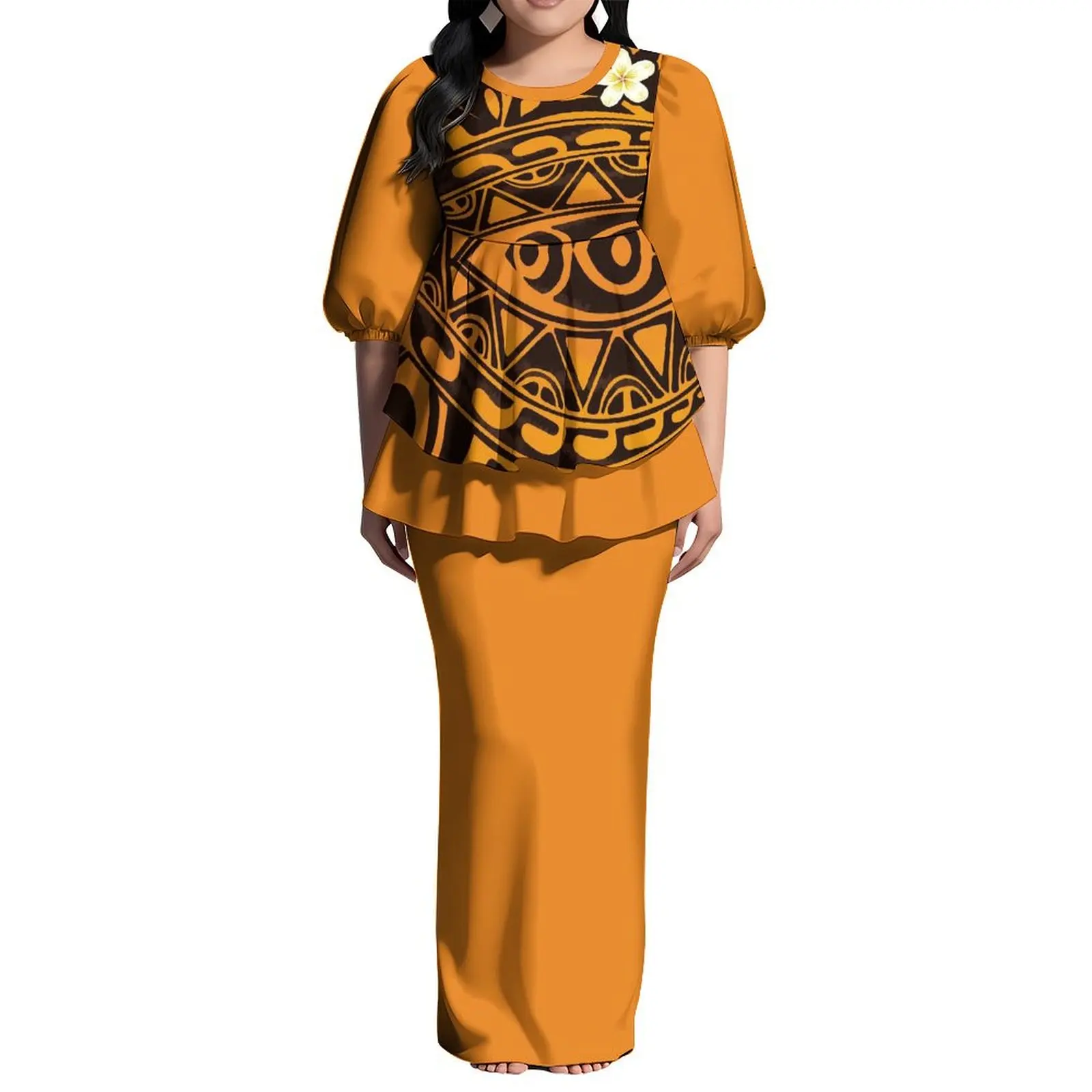 Polynésien Puletasi Puff demi manches deux pièces nouvelle-zélande femmes robe personnalisée grande taille col rond à volants longue robe Maxi
