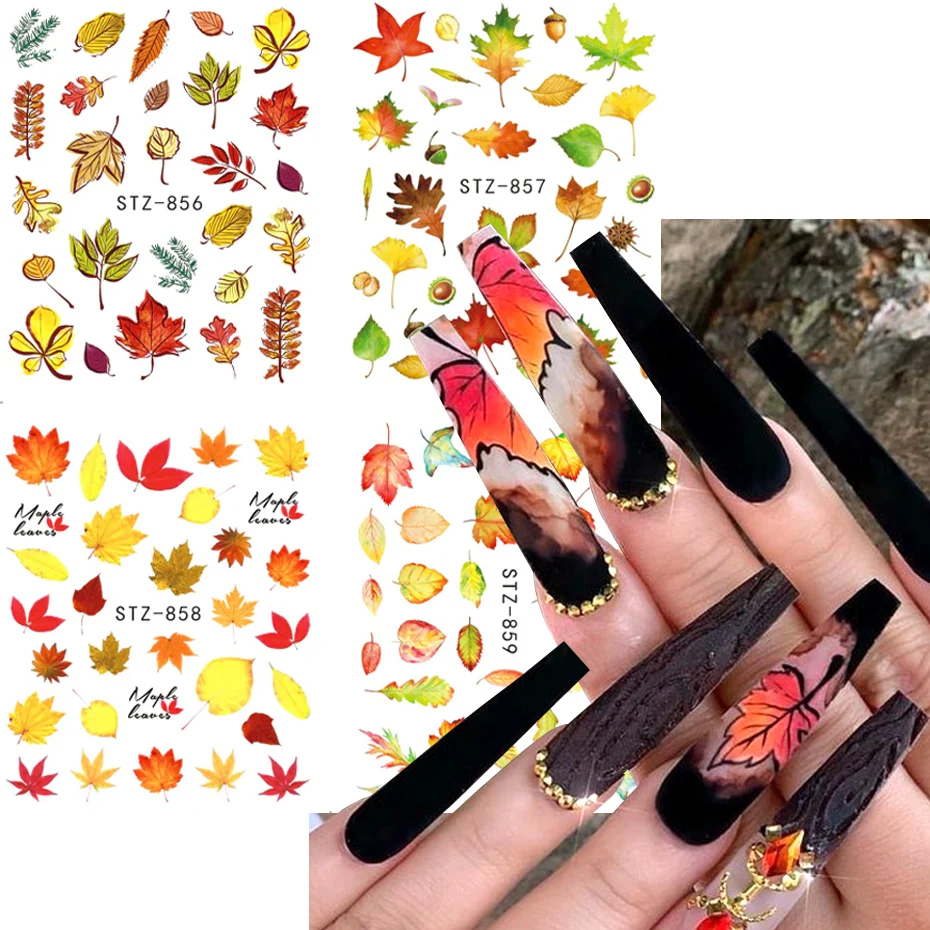 4 Stuks Herfst Nail Stickers Esdoorn Bladeren Ontwerp Nail Art Water Tattoo Sticker Mode Manicure Slider Diy Nail Art Decoraties Jistz
