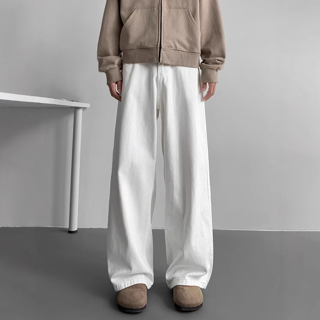 Jeans Lurus Putih Trendi Gaya Amerika Pria Celana Panjang Lantai Kaki Lebar Remaja Kasual Pakaian Jalanan