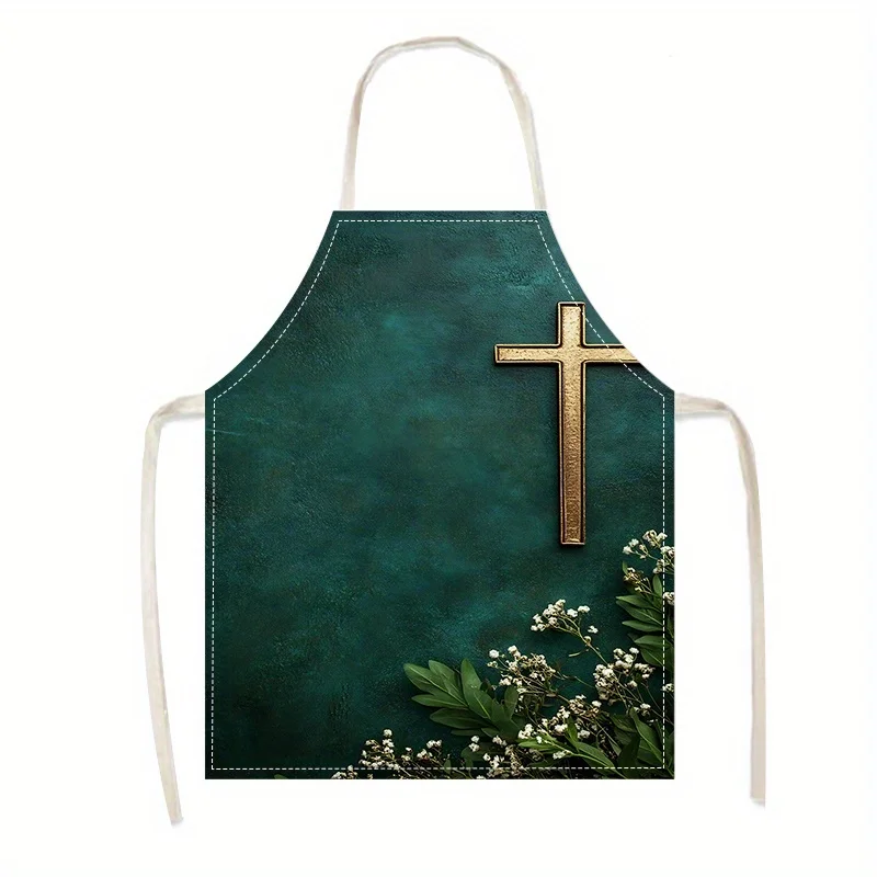1pc Linen Apron with Golden Cross Pattern Religious Christian Kitchen Apron for Women Men Church Event Cooking Baking Chef Gift