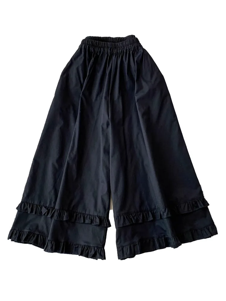 일본 빈티지 플레어 팬츠 모리걸 러플 코튼 와이드 레그 팬츠 여성 여름 신상 밴딩 허리 캐주얼 루즈 큐롯 팬츠