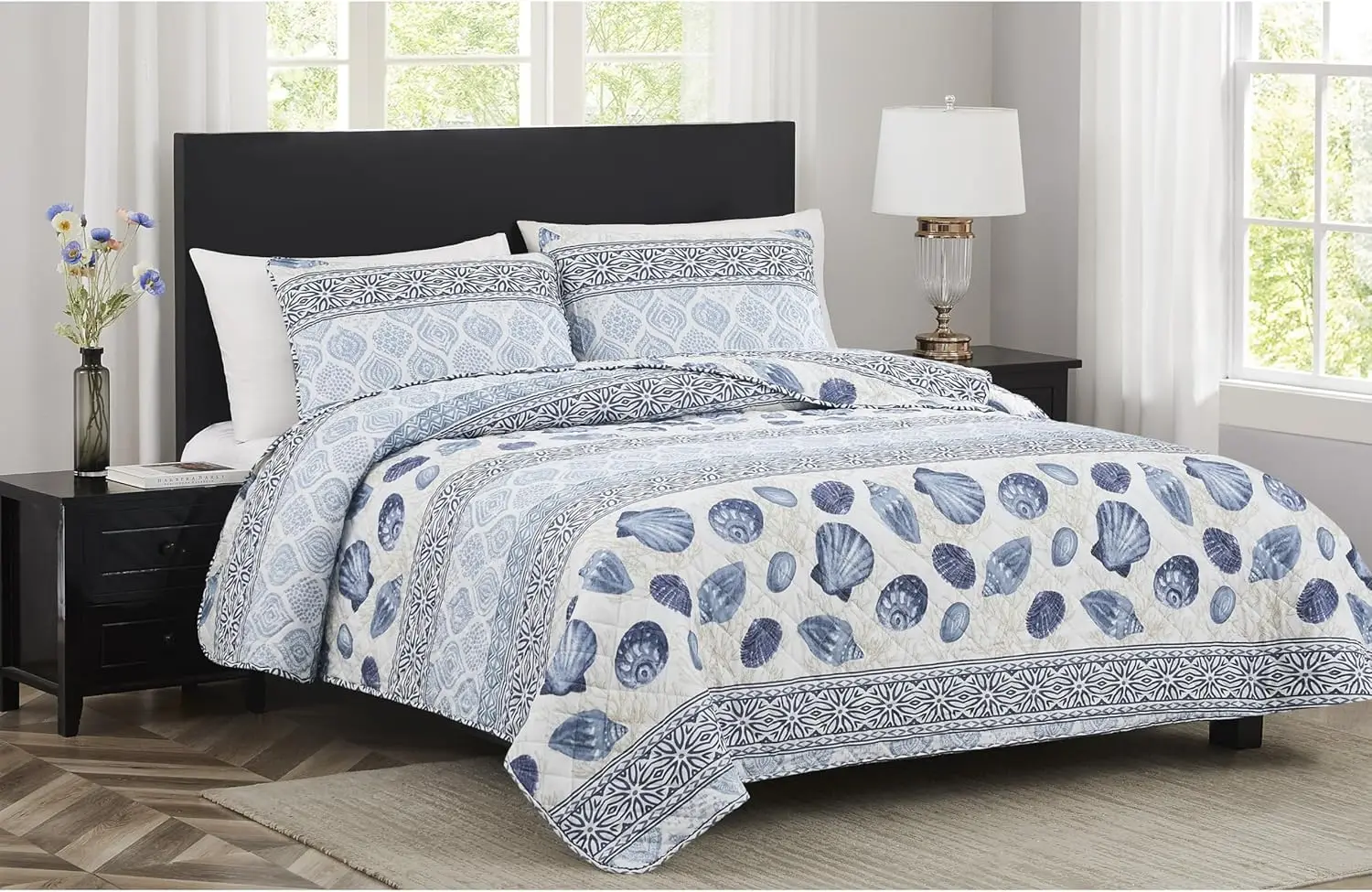 3pc Stitched Quilt Ob Q Blue Graphic Print Modern Contemporary Microfiber 3 Piece