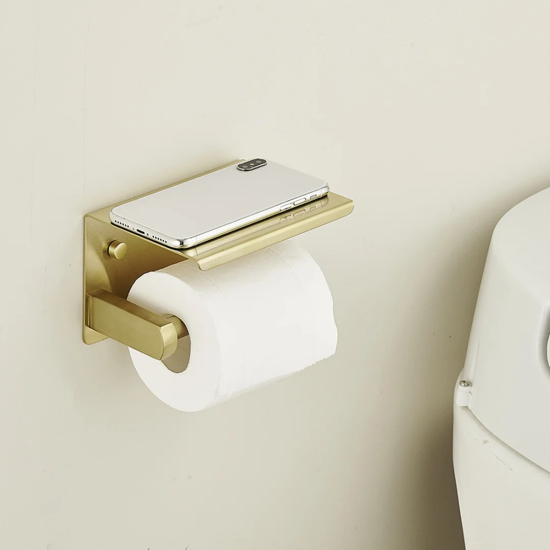 Brushed Gold Toilet Paper Holder Black Tissue Paper Holder Stainless Steel Grey Paper Roll Holder With Phone Storage Shelf