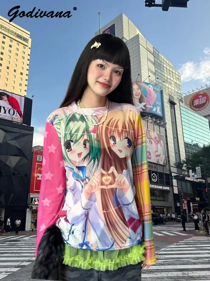 Spring/summer Y2k Anime Printing Sheer Mesh Long Sleeve Top Round Neck Girl Women's Transparent Sun Protection Clothing T-shirts