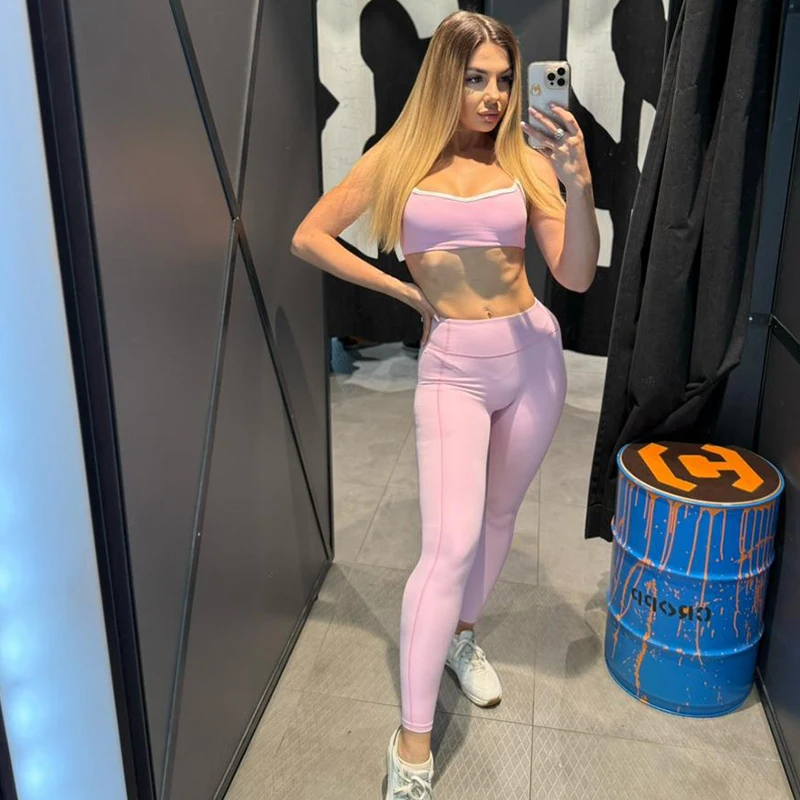 SVEIC Gym Set Contrasting Color Sports Bra Suits Fitness High Waisted Leggings Sportswear Workout Running Training Yoga Clothing image 2