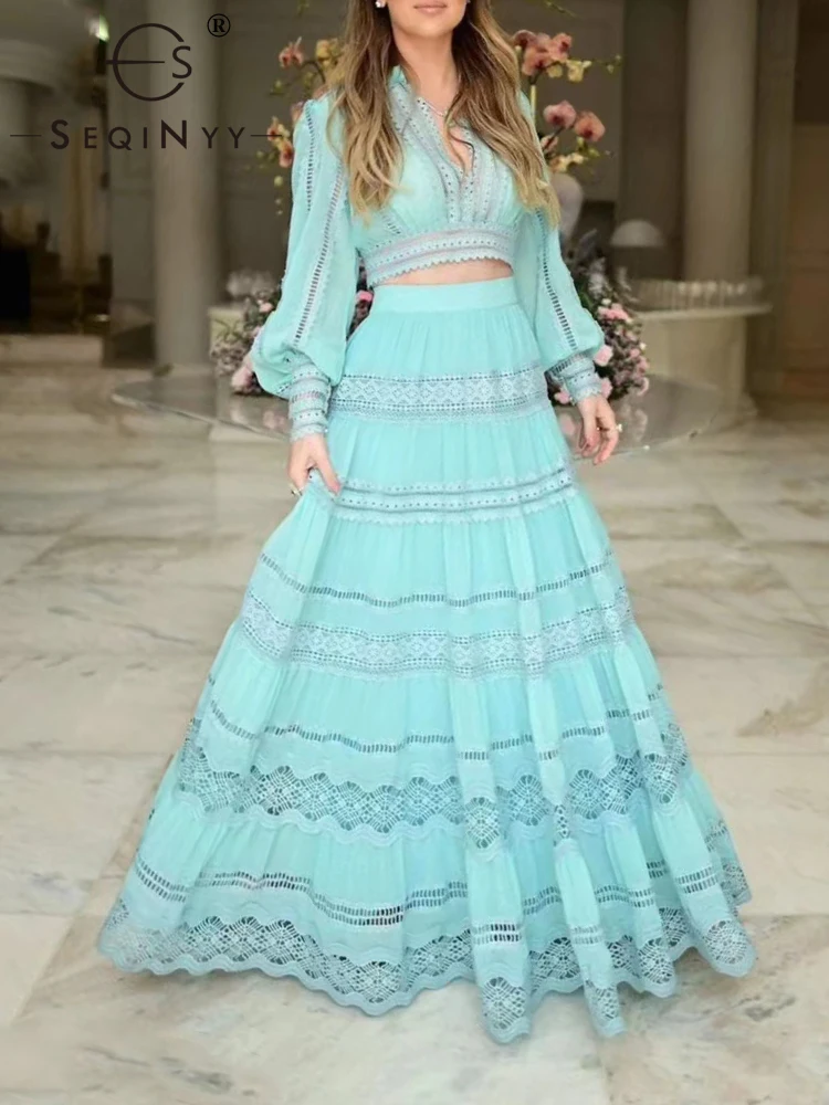 

SEQINYY Casual Suit Summer Spring New Fashion Design Women Runway High Quality Top + Skirt Lace Flower Hollow Out Holiday