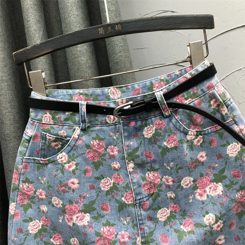 花ハイウエストデニムショートスカート多用途ファッションプリント A ライン半身ラップヒップスカート夏の新しい婦人服
