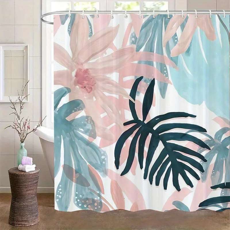 

1 шт. занавеска для душа с тропическим цветочным узором, полиэфирная ткань, можно стирать в машине, с крючками, подходит для декора ванной комнаты.