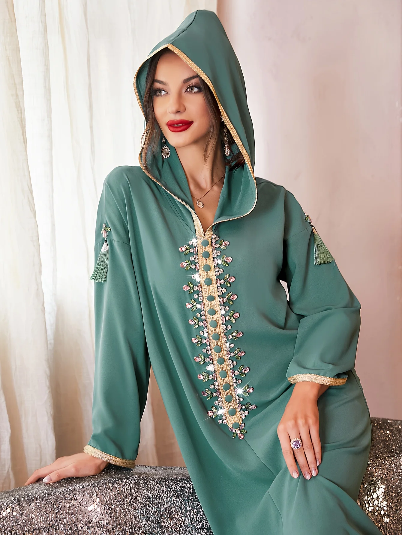 

Платье с капюшоном со стразами, элегантное платье макси с длинным рукавом и разрезом на подоле для весны и осени, женская одежда