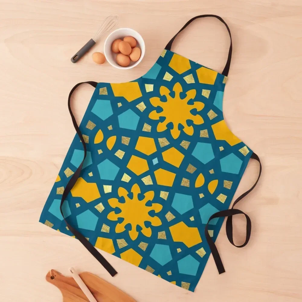 Citrus, tealand gold, geometric Arabic pattern inspired by the Grand Mosque at KAUST Apron Kitchens Woman Women's Apron