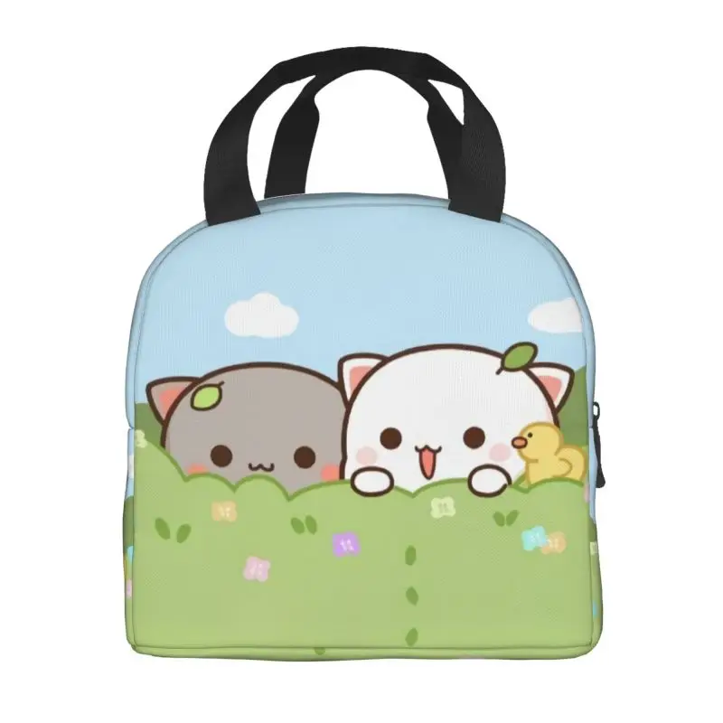 Peach And Goma Thermal Insulated Lunch Bags Women Cartoon Mochi Cat Portable Lunch Container for Outdoor Camping Travel Food Box