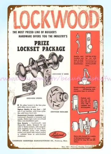 1955 Lockwood Builders Hardware Lockset Fitchburg MA tools trade metal tin sign