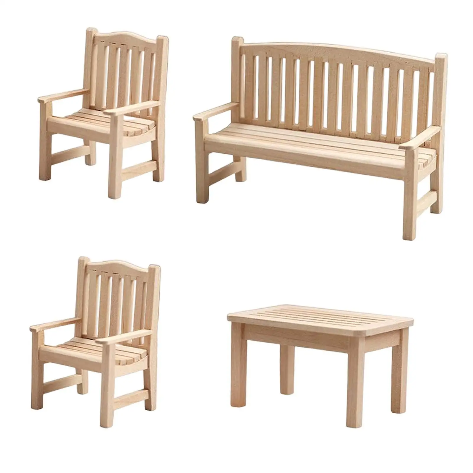 4 Pieces Miniature Garden Bench Set Furniture DIY Unpainted for 1:12 Dolls House