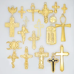 5pcs Real Gold Plated Amulet Stainless Steel Cross Pendants For Jewelry Making Supplies Diy Rose Flower/Ankh/Nail Crosses Charm