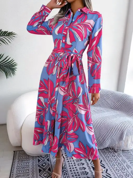 2025 봄 여름 신상 여성 의류, 꽃무늬 라펠 타이 셔츠 롱 스커트, 실시간 촬영, 인기 급상승