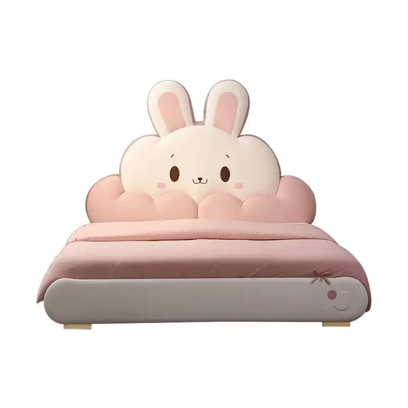 

&*Rabbit Pink & White Soft Leather Children's Bed for Girls Elegant Cartoon Upholstered Bed for Kids